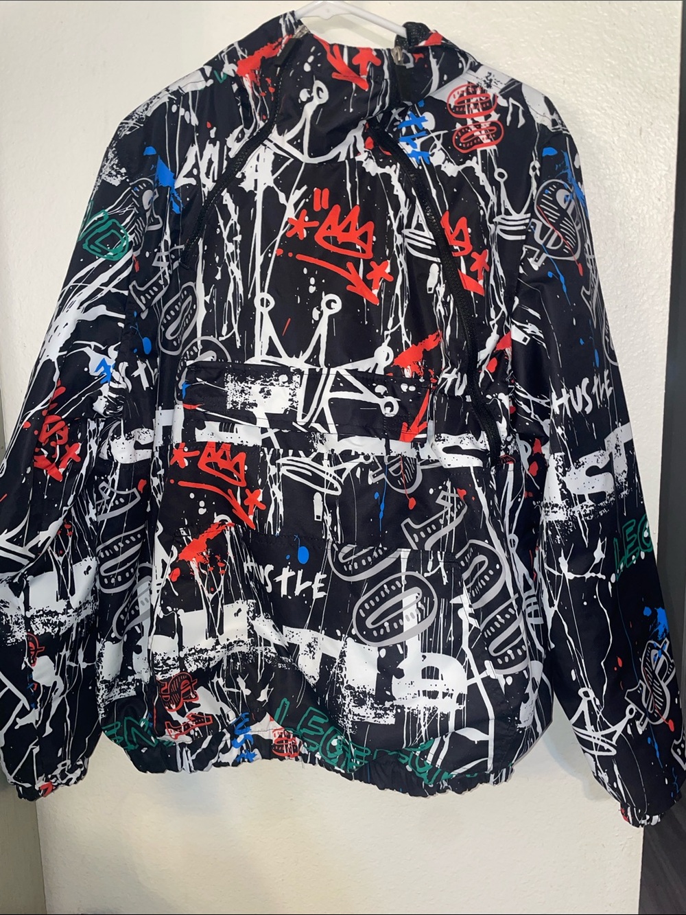 Men's Black Graffiti-Print Windbreaker Jacket